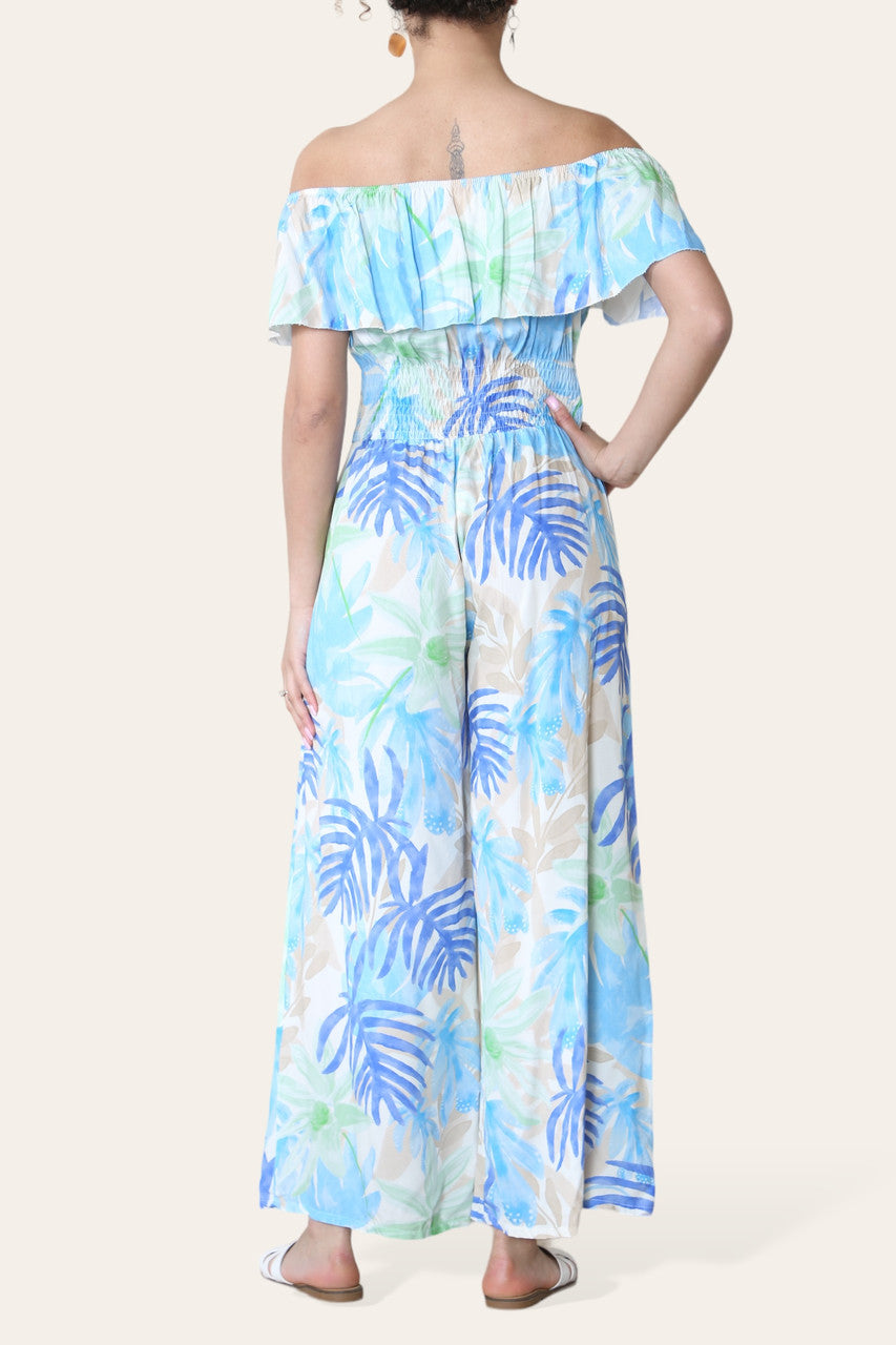 TROPISCHE BLADPRINT OFF-SHOULDER JUMPSUIT BLAUW