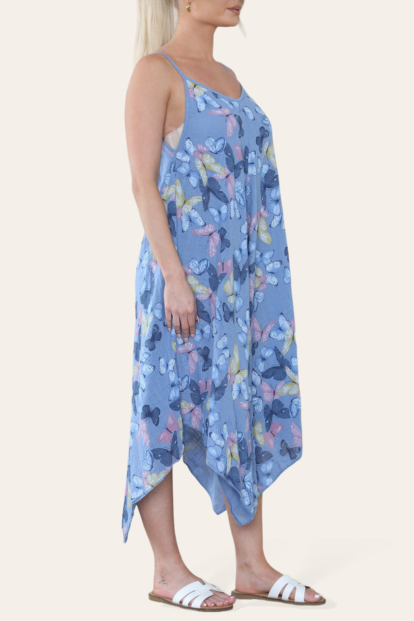 JURK MET VLINDERPRINT EN SPAGHETTIBANDJES DENIM