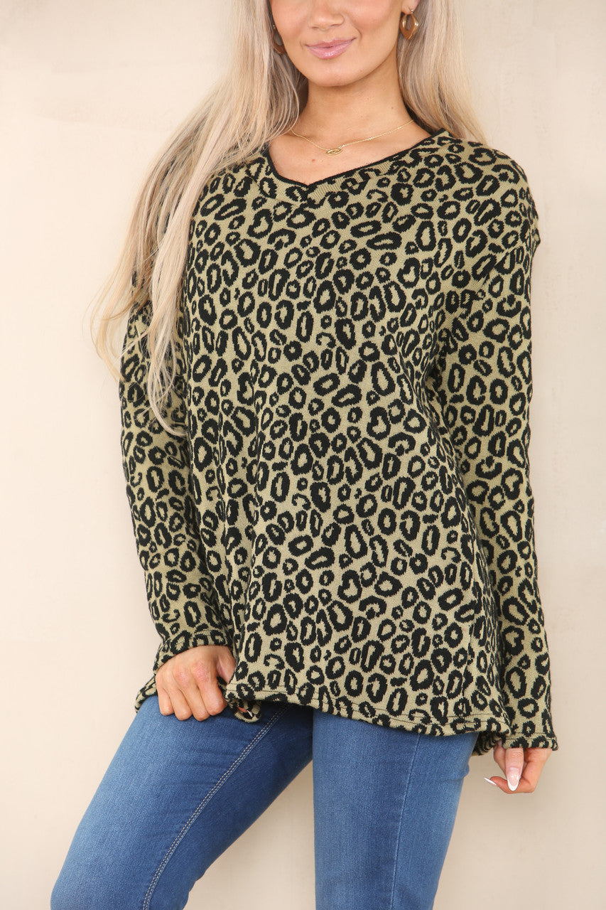 LEOPARD PRINT DOUBLE KNIT JUMPER KHAKI