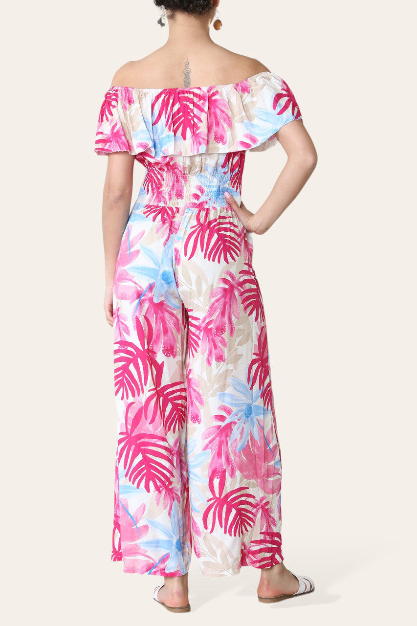 JUMPSUIT MET TROPISCHE BLADPRINT, OFF-SHOULDER, CERISE