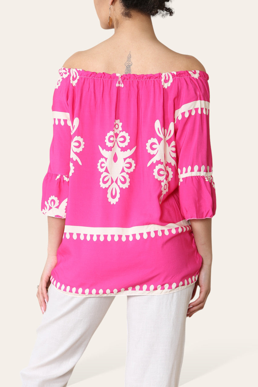 BEDRUKTE KWASJES BANDJES BARDOT BLOUSE TOP KERSENROOD