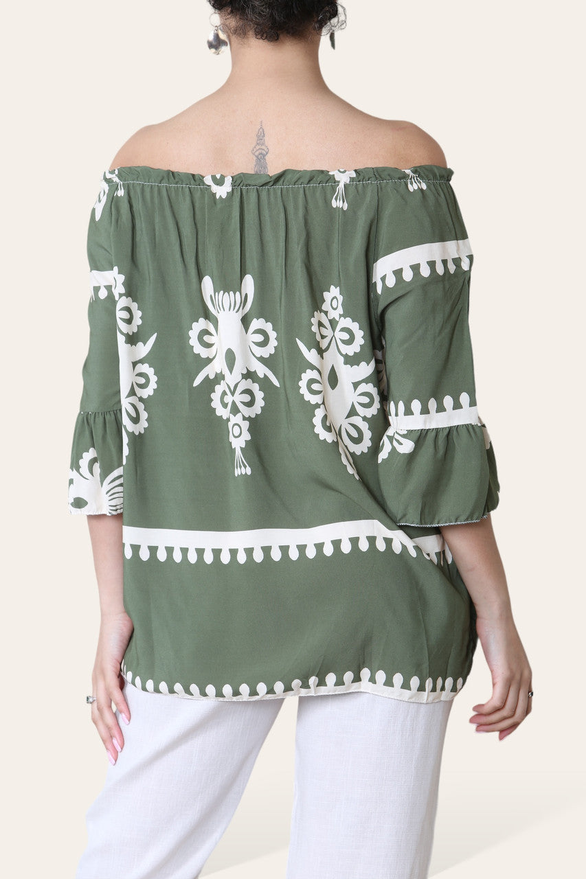 BEDRUKTE TOP MET ROPE TASSEL EN BARDOT-HALS BEIGE