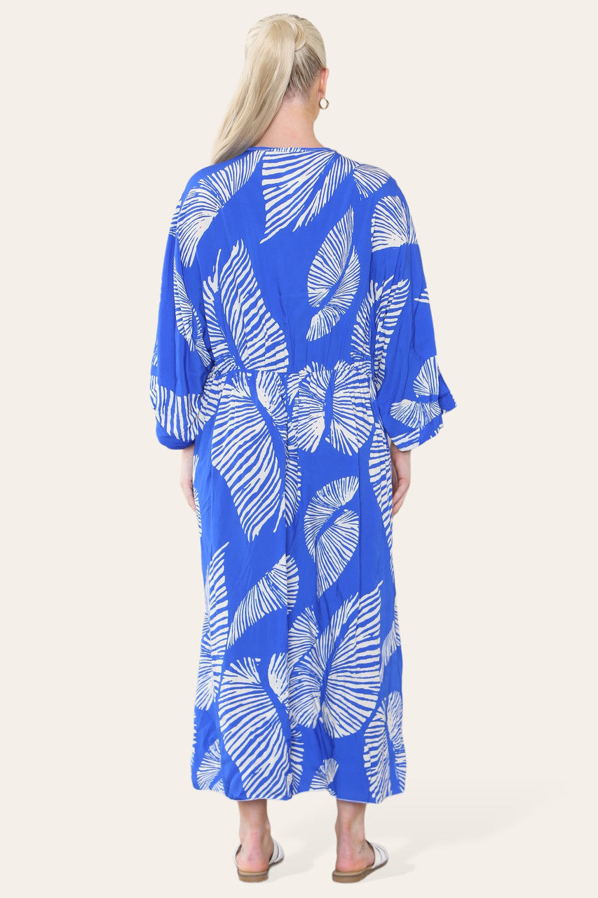 PALM LEAF PRINT MAXI DRESS ROYAL BLUE