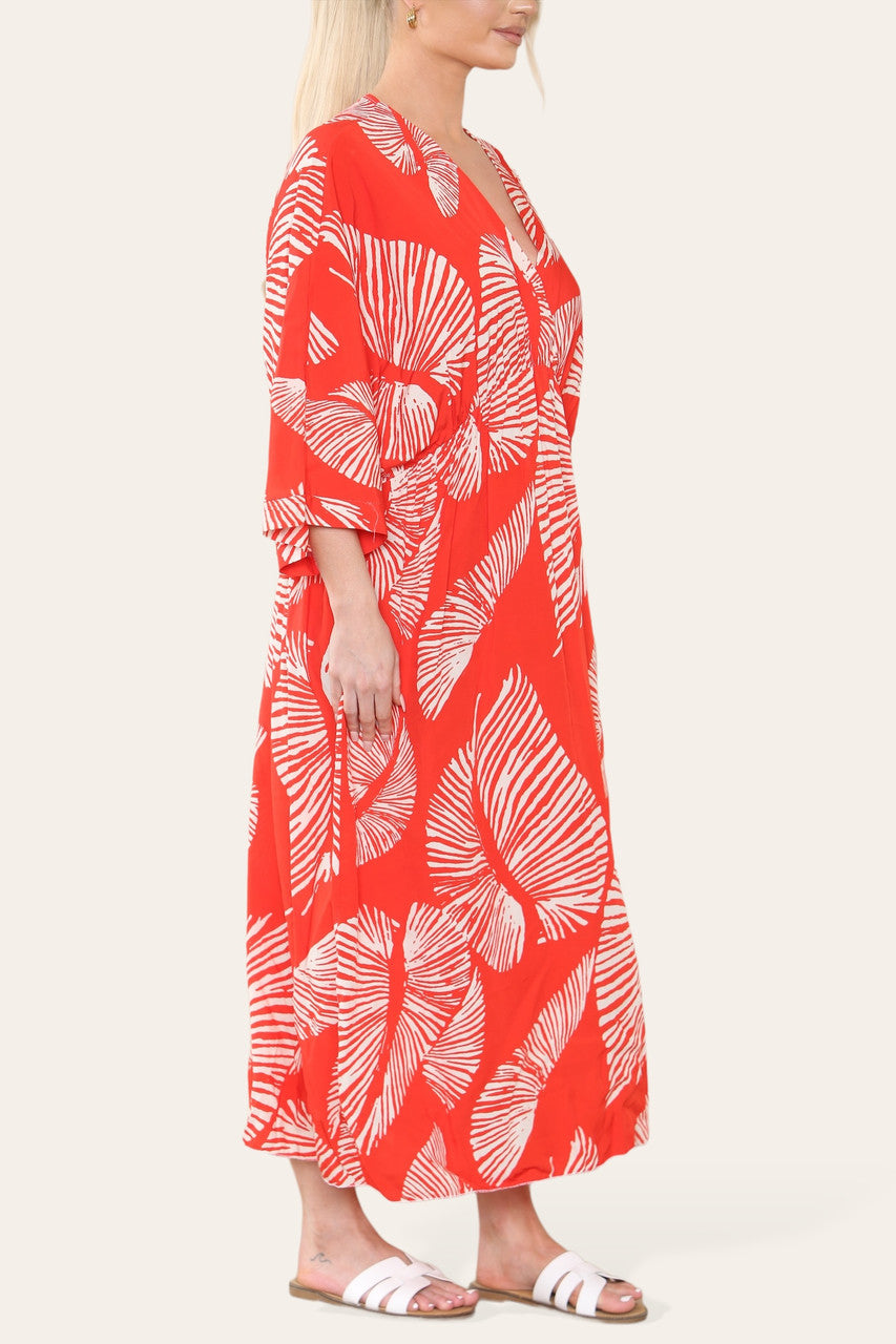 MAXIJURK MET PALMBLAADPRINT ROOD