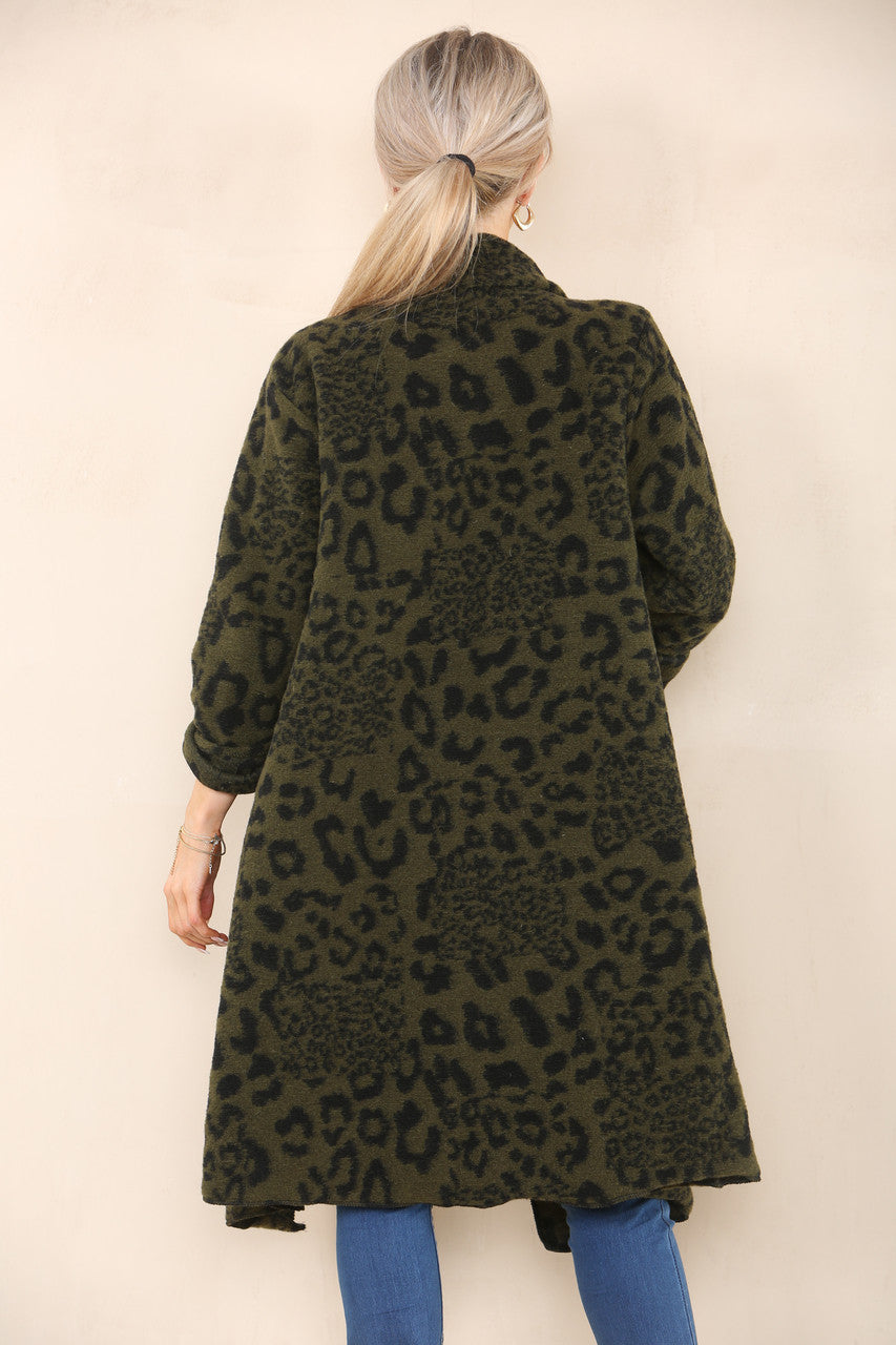 LEOPARD PRINT WOOL COAT JACKET KHAKI