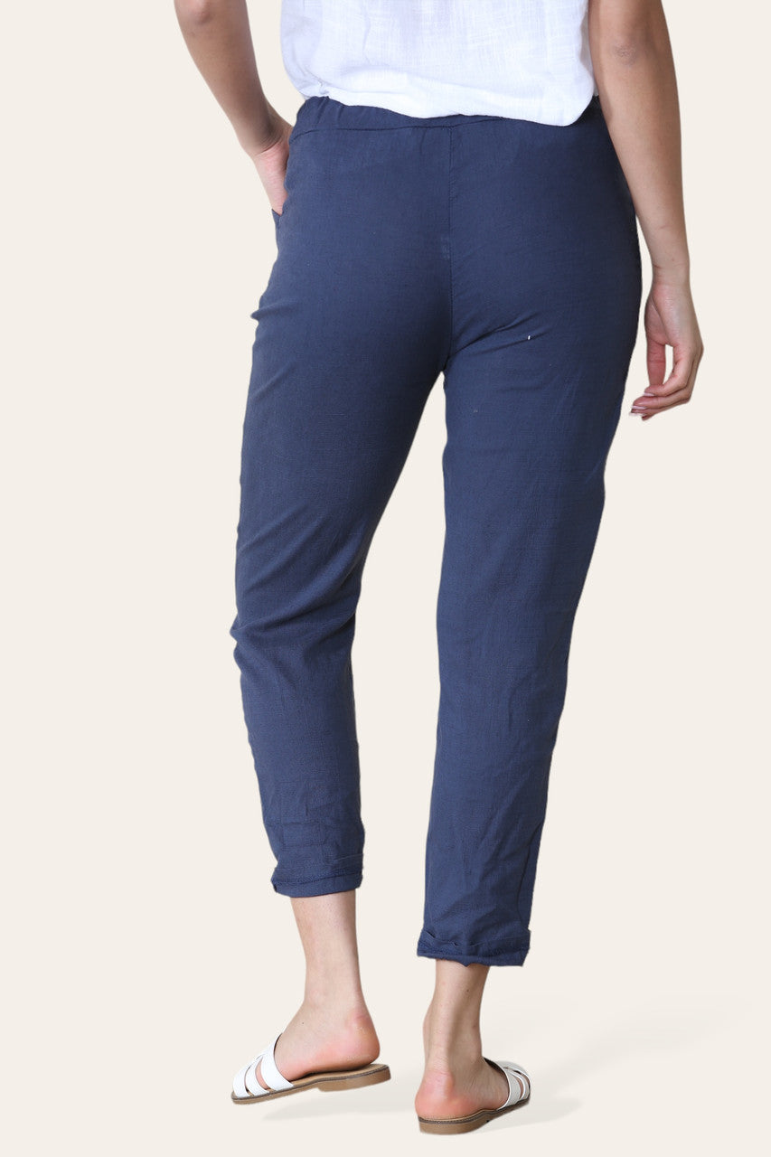 TOELOPENDE BROEK VAN KATOENLINNENMIX NAVY