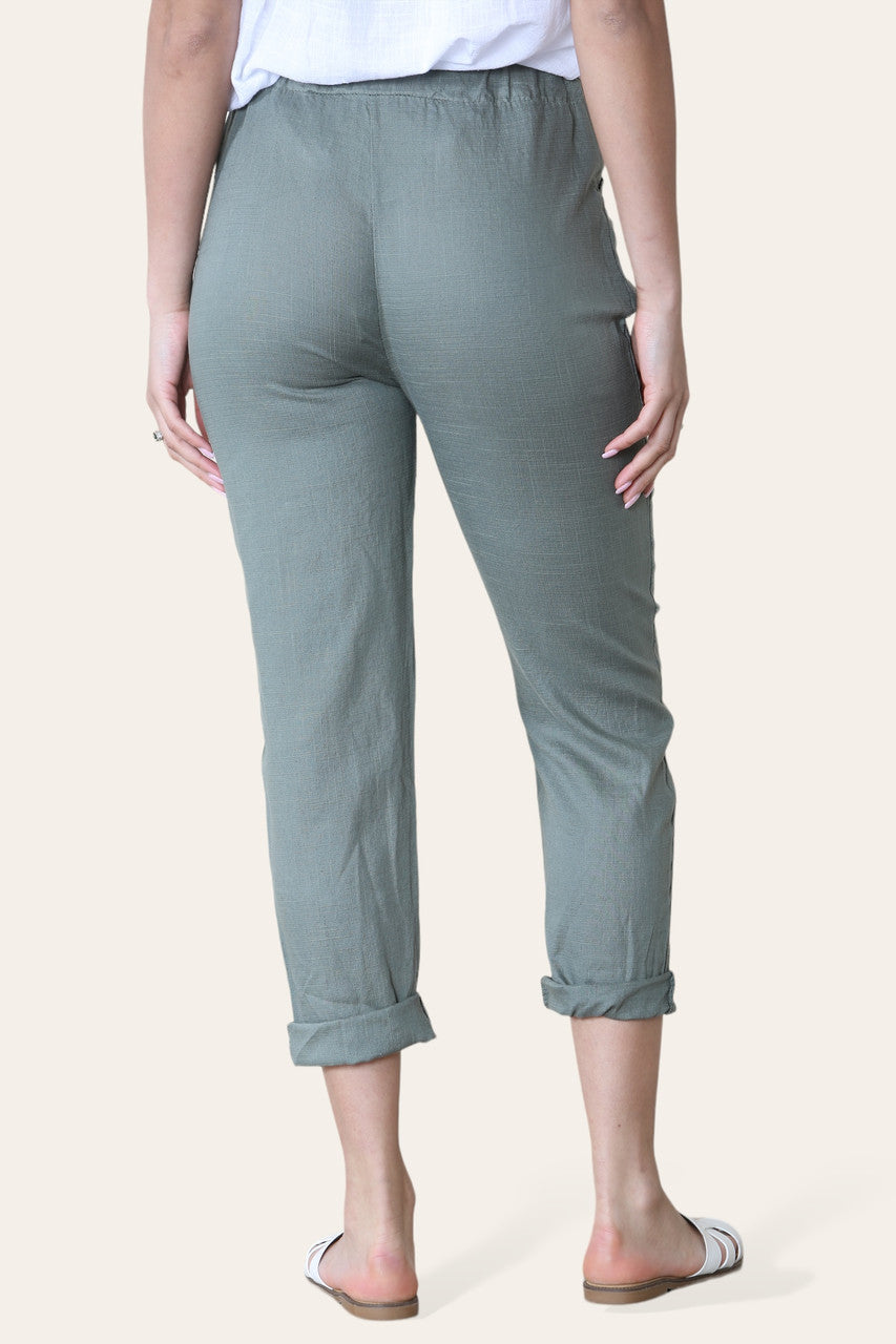 TAPERED LEG COTTON LINEN MIX TROUSERS KHAKI