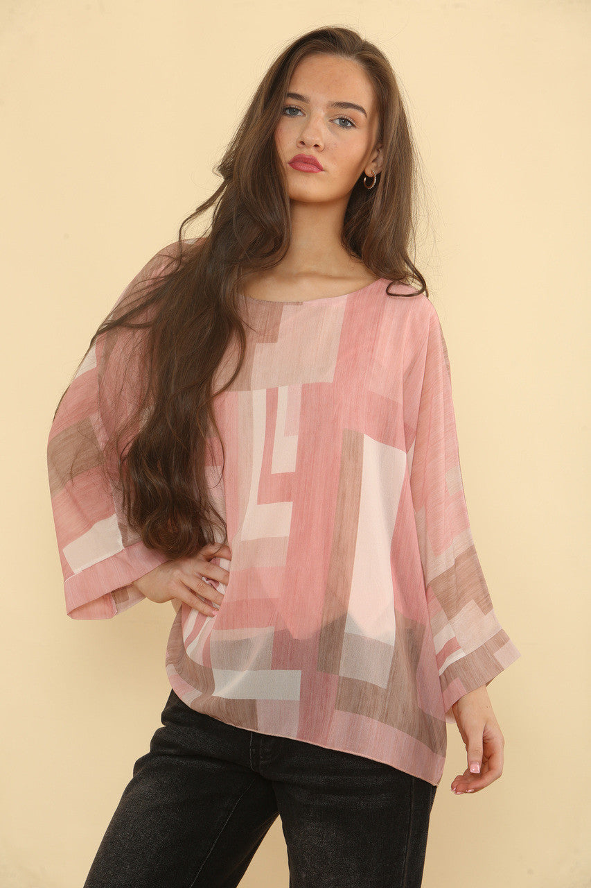 GEOMETRISCH ABSTRACTE PRINT BLOUSE - ROZE