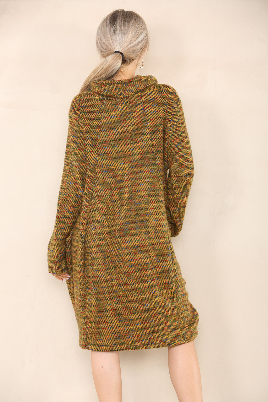 MULTICOLOURED KNIT COWL NECK TUNIC TOP DRESS MUSTARD