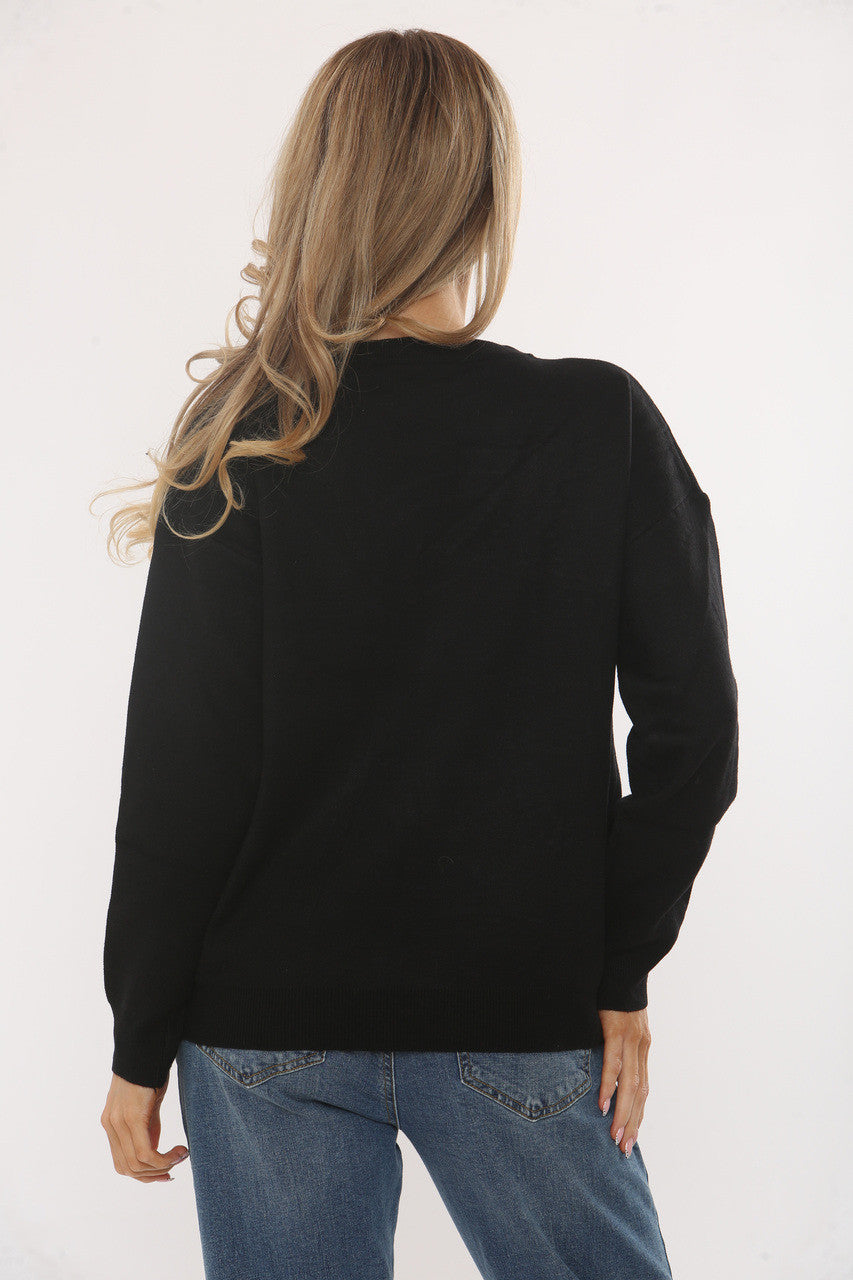 EMBELLISHED BOW EMBROIDERY KNIT JUMPER - BLACK