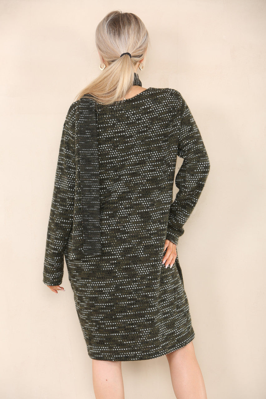 FLECK KNIT TUNIC TOP DRESS WITH SCARF KHAKI
