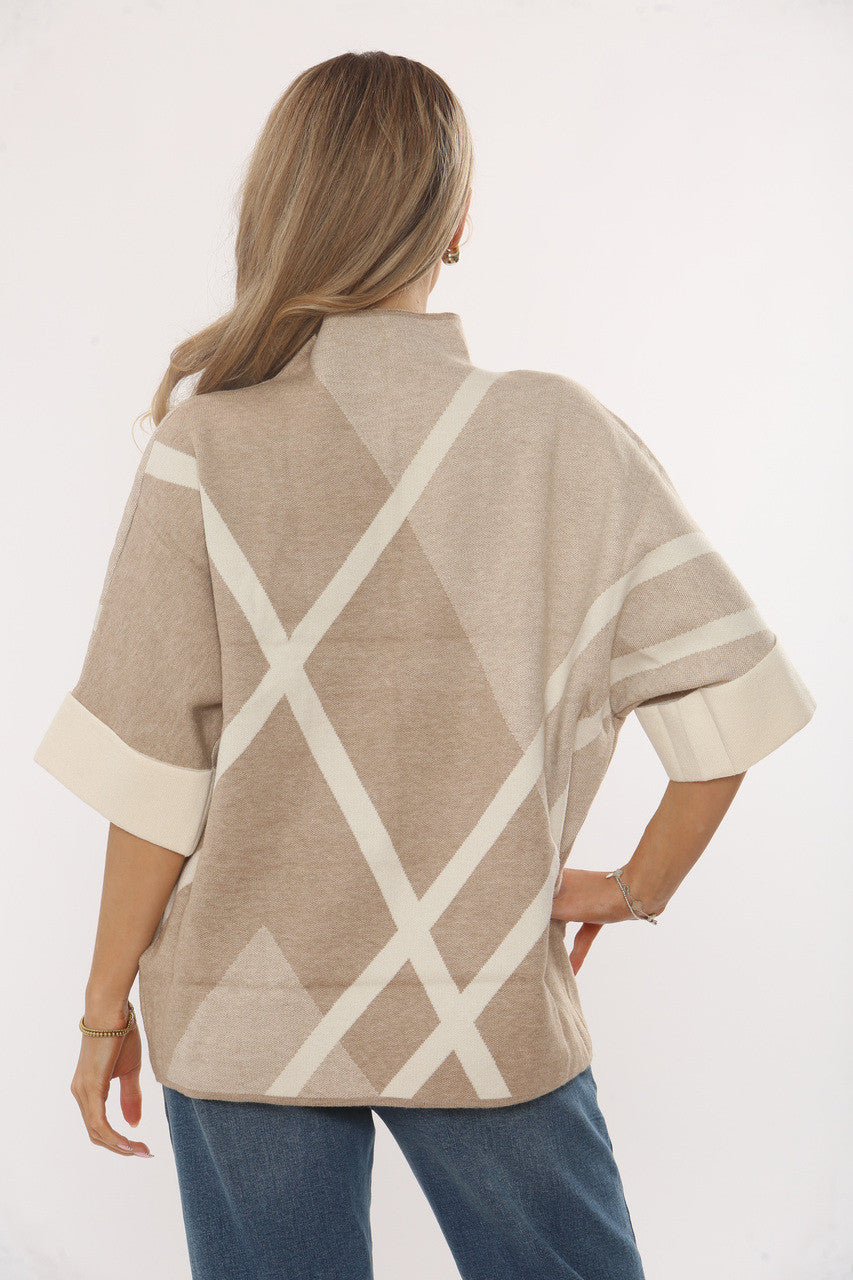 GEBREIDE TRUI MET RUITPATROON - BEIGE