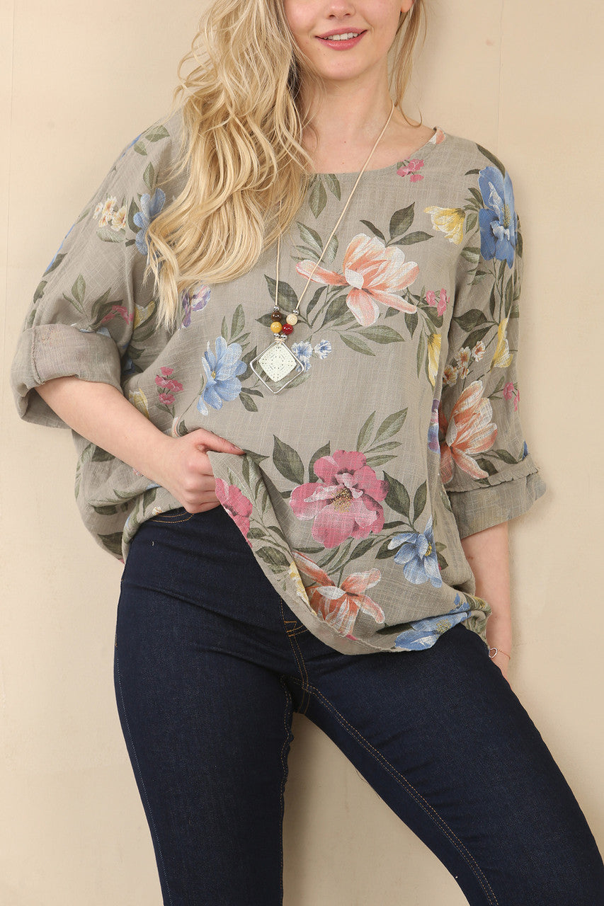TOP MET BLOEMENPRINT - TAUPE