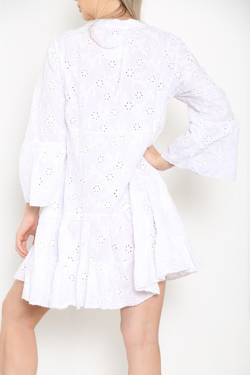 Ladies Floral Pattern Broderie Anglaise Shirt Dress White