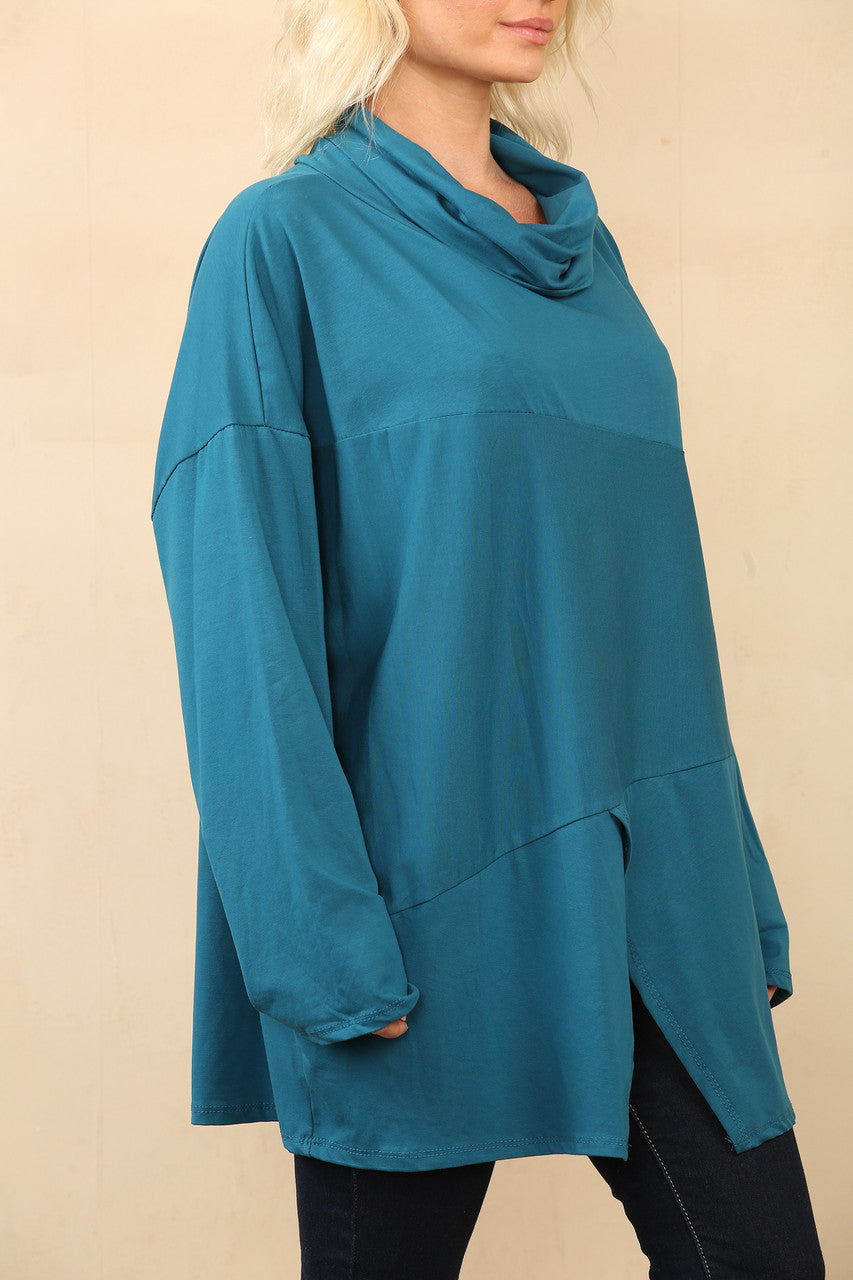 ROLKRAAG TOP MET SPLIT EN ZIJNADEN TEAL