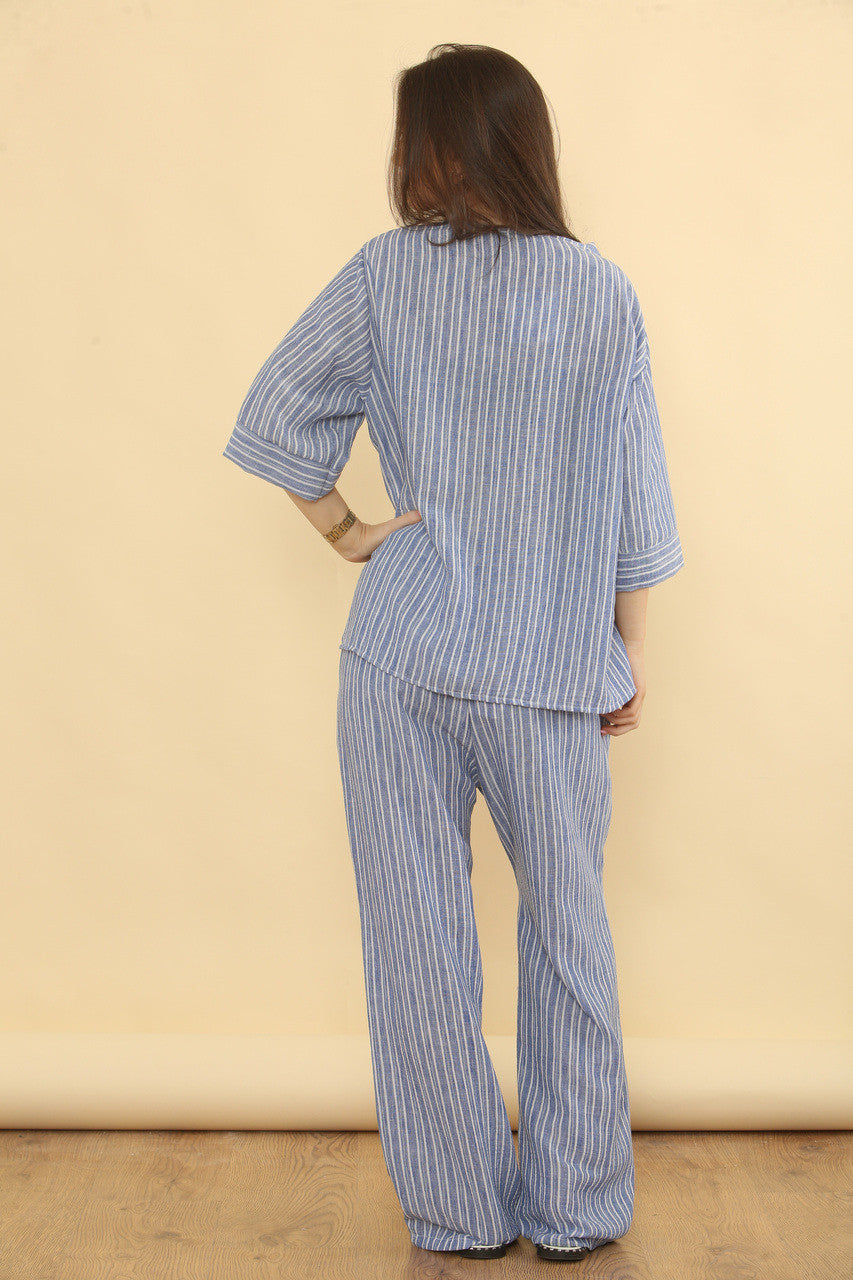 NAALDSTREEP BROEK VAN LINNENMIX - DENIM