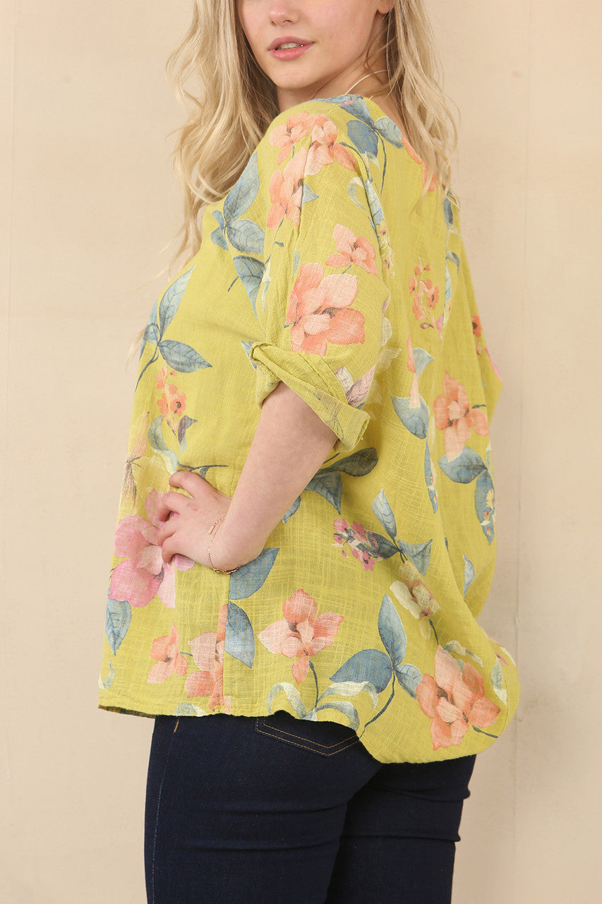 TOP MET BLOEMENPRINT - MOSTERD