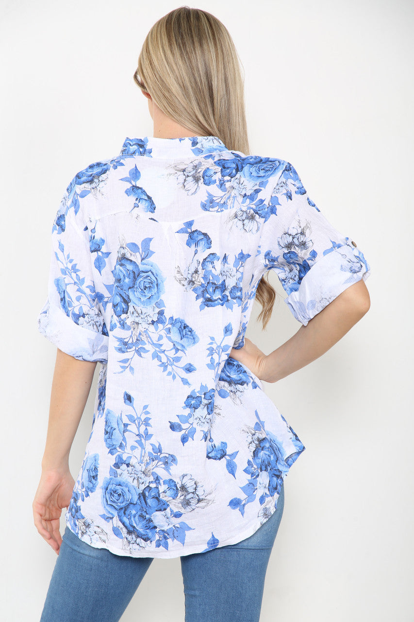Ladies Rose Floral Print Linen Shirt Top Royal Blue