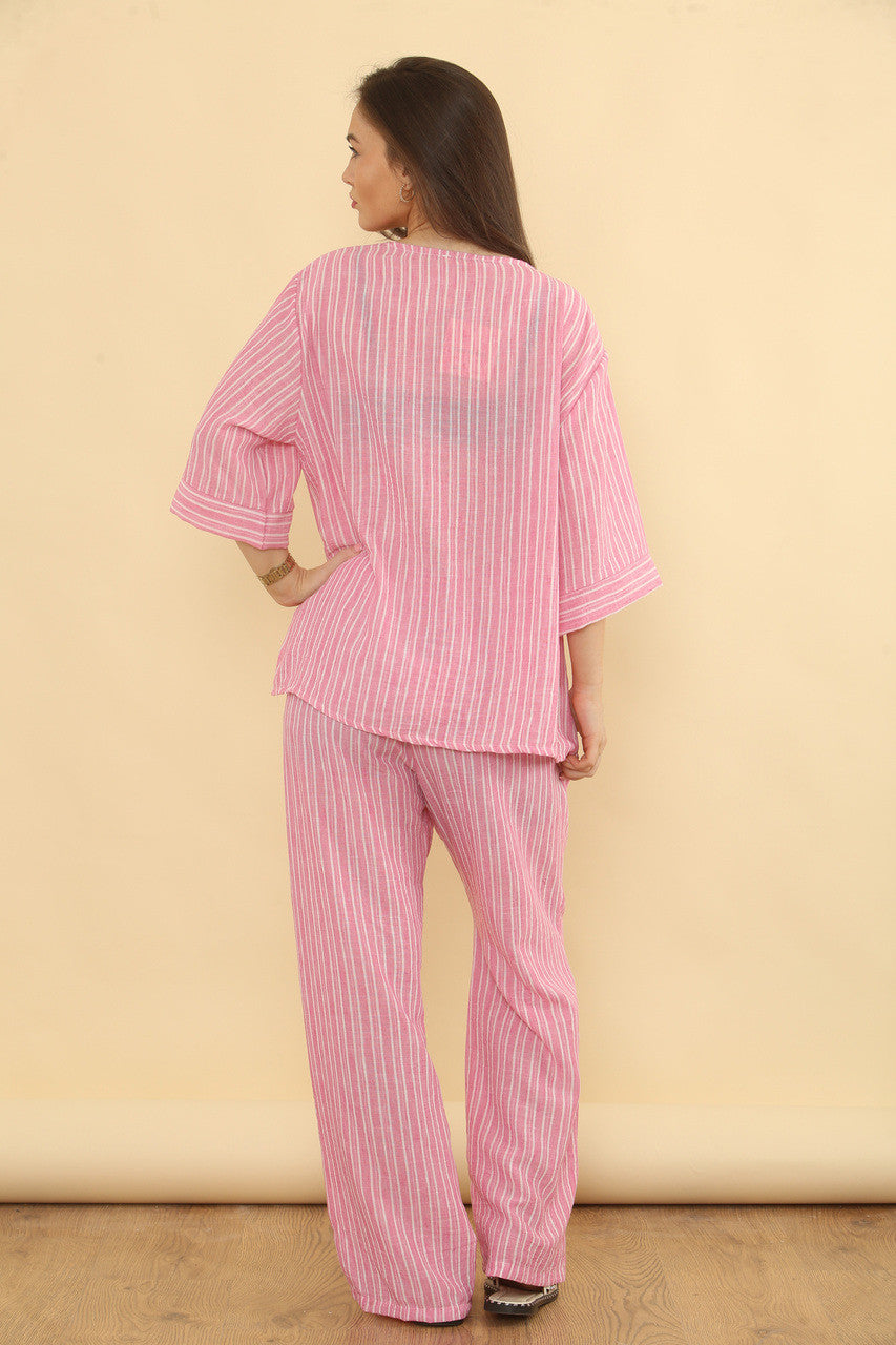 STREEPJES OVERHEMD LINNEN MIX BROEKPAK - CANDY PINK