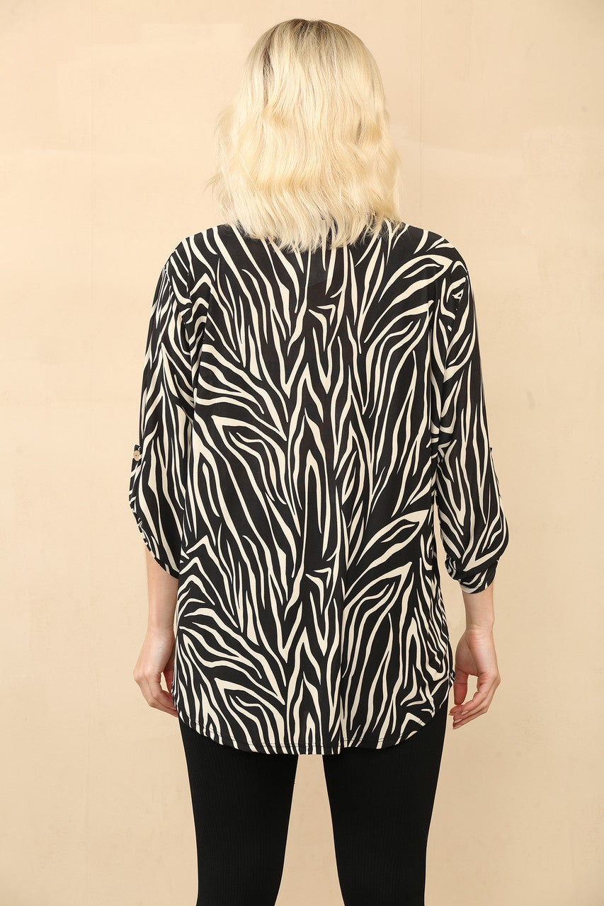 BLOUSE MET V-HALS EN TIJGERPRINT ZWART