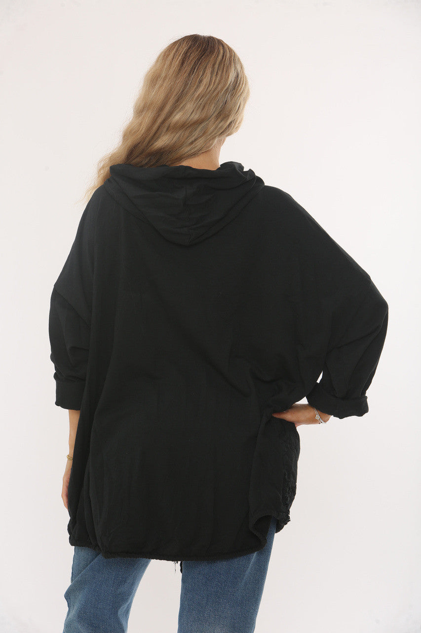 QUILTED HEART DETAIL HOODED JACKET - BLACK