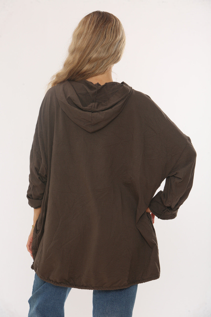 QUILTED HEART DETAIL HOODED JACKET - CHOCOLATE