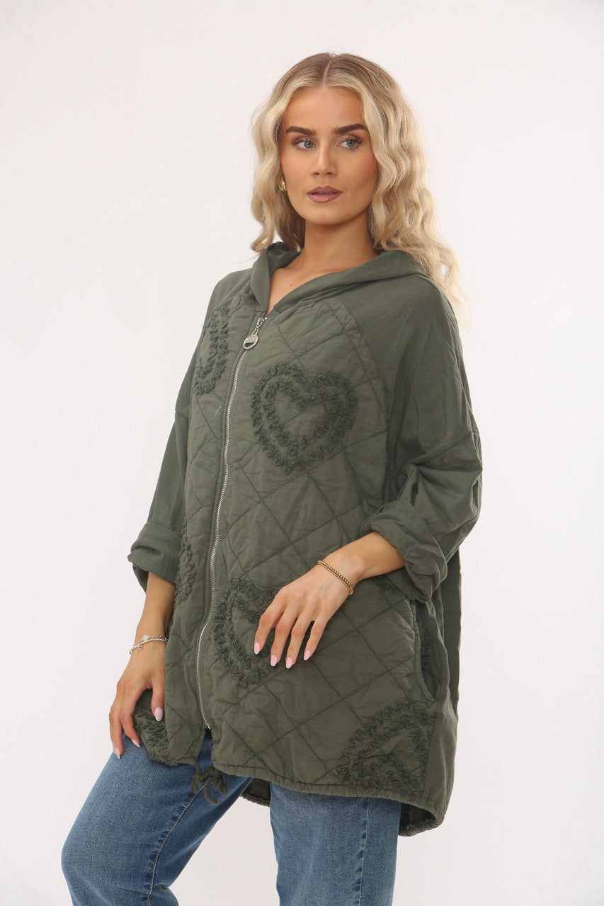 QUILTED HEART DETAIL HOODED JACKET - KHAKI