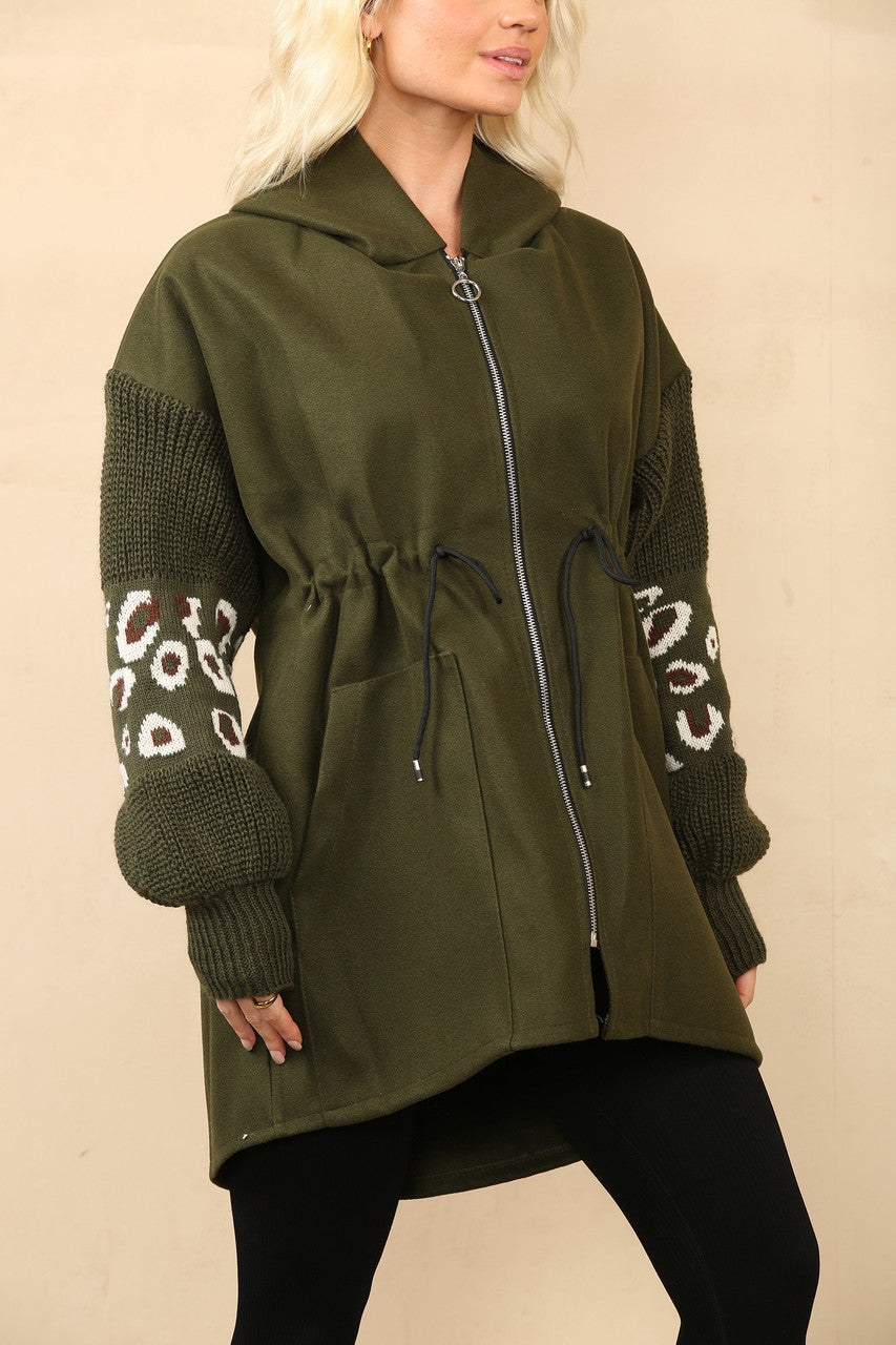 HOODED JACK KAKI MET TRICOTMOUWEN EN LEOPAARDPRINT