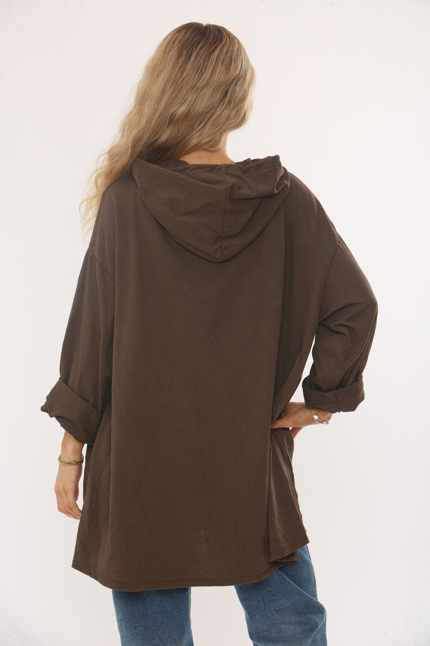 SEQUIN HEART HOODED SWEATSHIRT TOP - CHOCOLATE