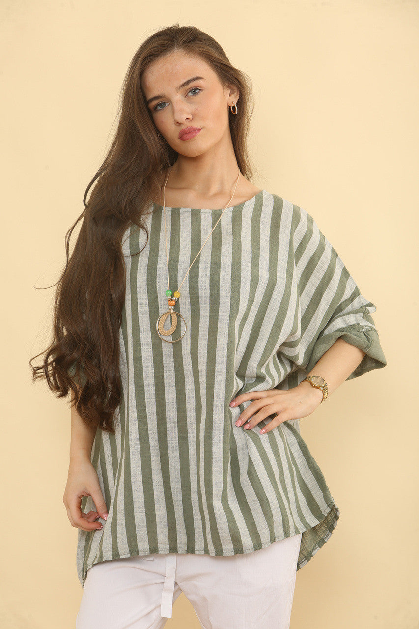 BLOUSE MET VERTICALE STREPEN - KHAKI