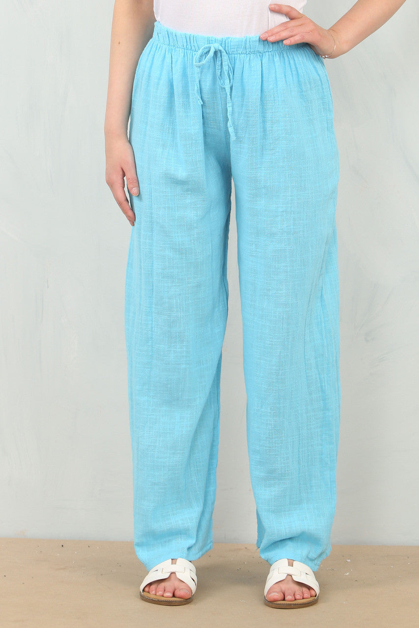 KATOENEN BROEK MET ELASTIEK IN DE TAILLE TURQUOISE
