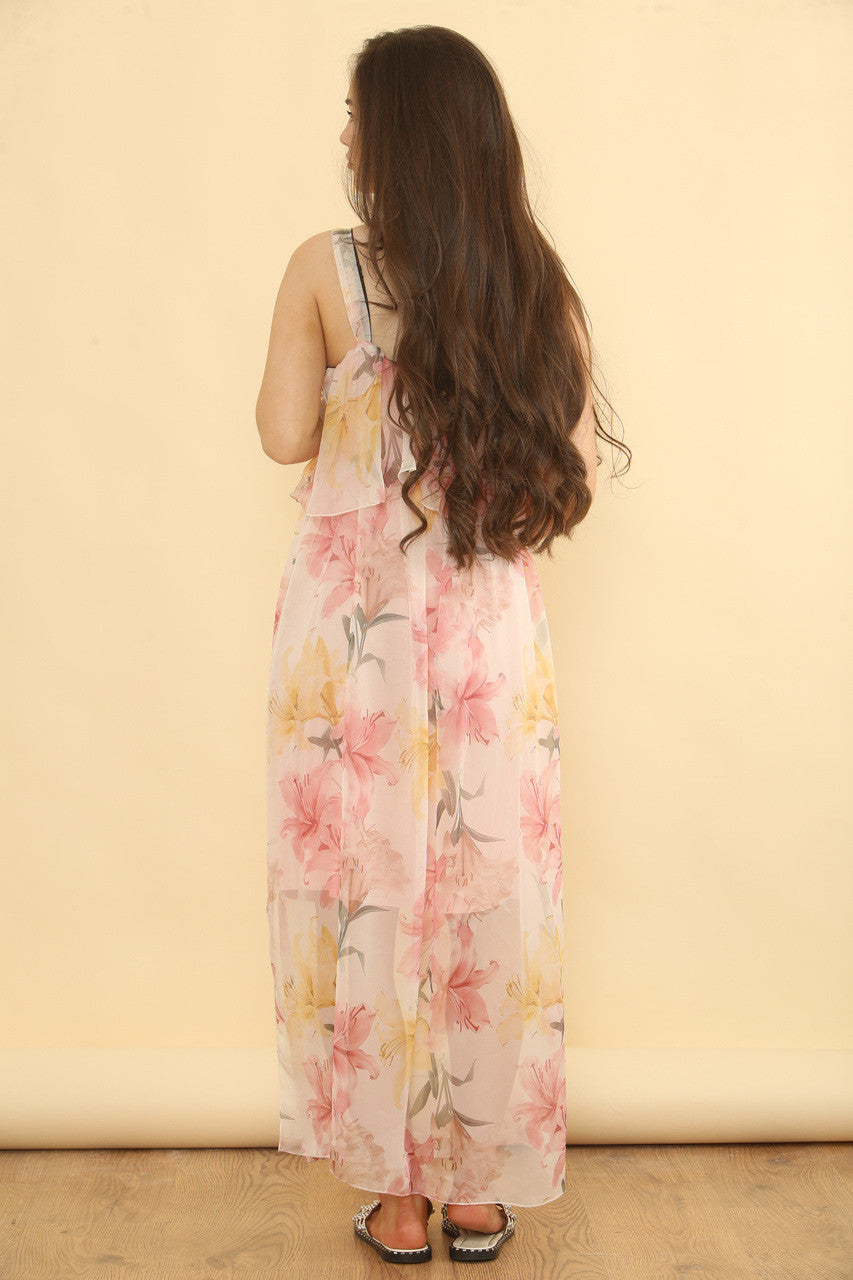 FLOATING JURK ZONDER MOUWEN MET BLOEMENPRINT EN RUFFLES - ROZE