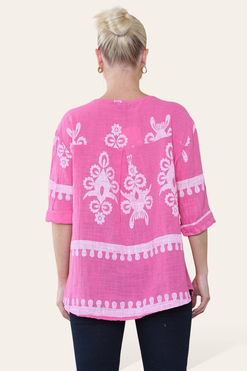 PAISLEY PRINT GRANDAD COLLAR BUTTON FRONT TOP CERISE