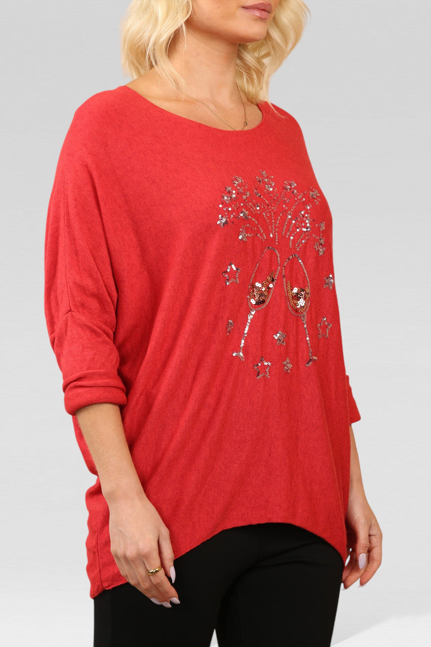 SEQUIN CHAMPAGNE GLASS SPARKLE FINE KNIT JUMPER TOP RED