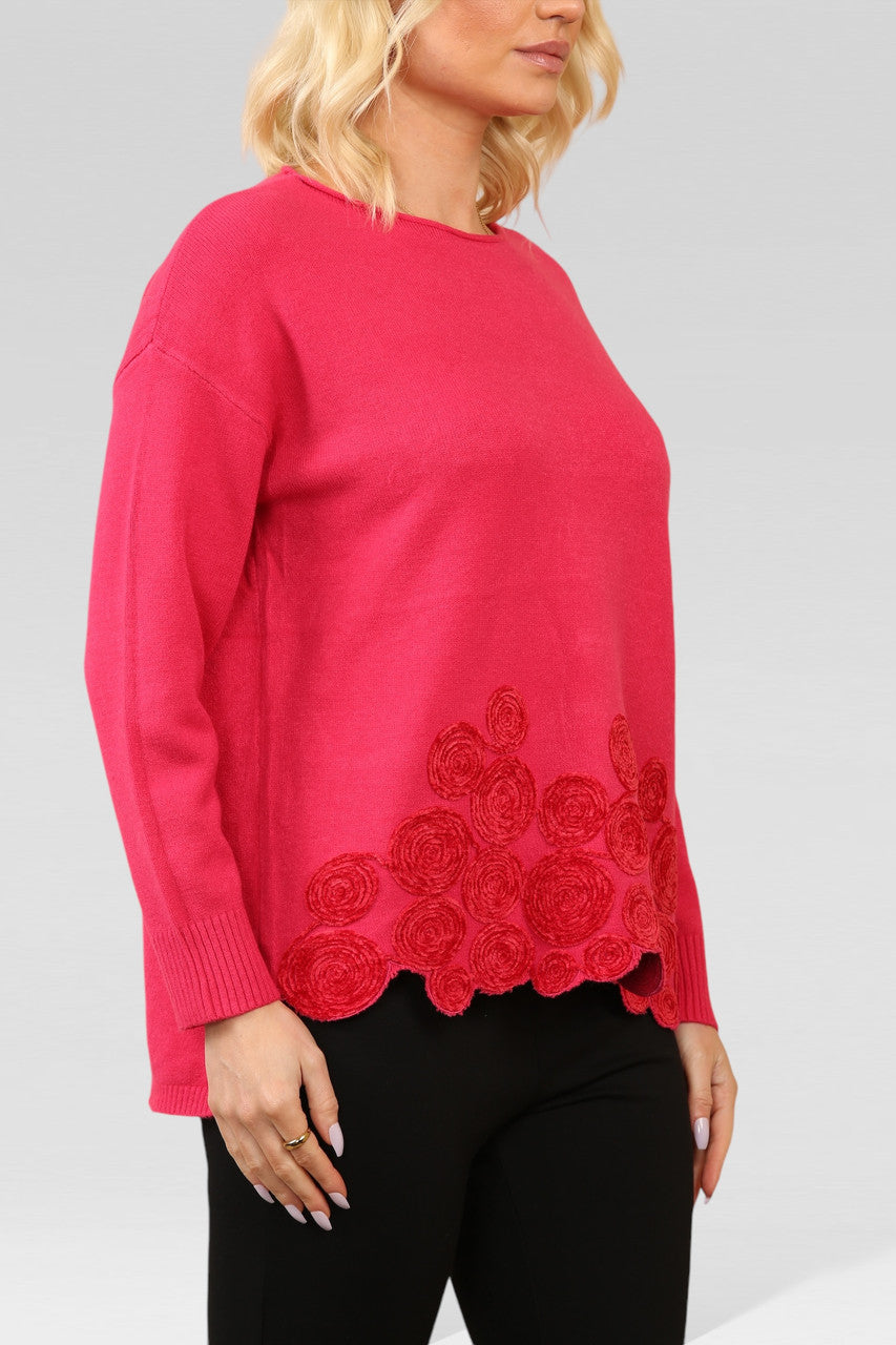 SWIRL HEM EMBOSSED KNITTED JUMPER RED