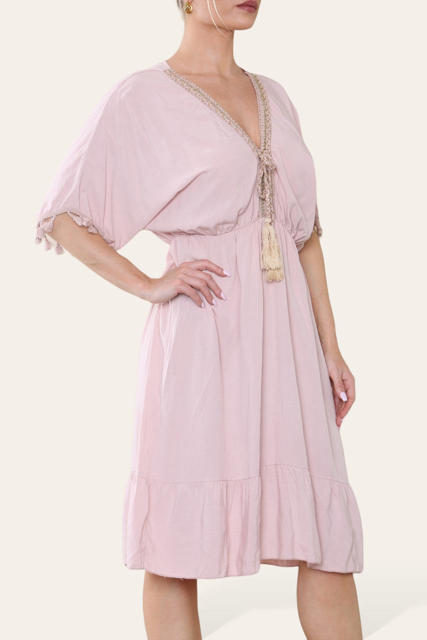 ROPE TASSEL DETAIL MIDI DRESS DUSTY PINK