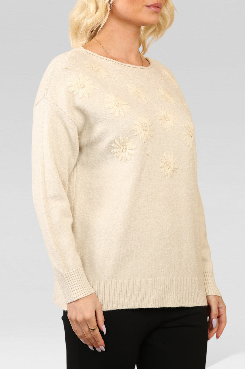 FLORAL EMBOSSED KNITTED JUMPER BEIGE