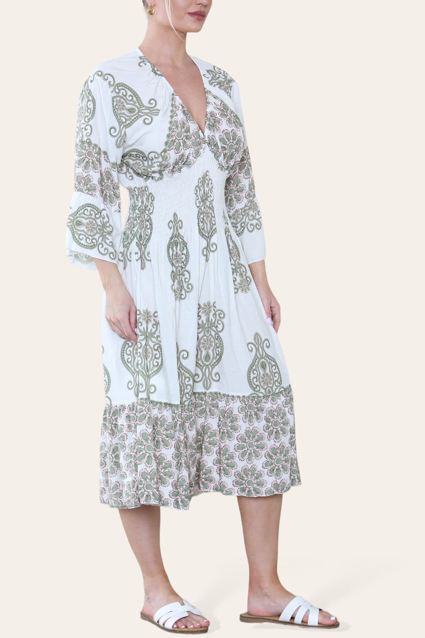 MIDI-JURK MET PAISLEYPRINT EN ELASTISCHE TAILLE KHAKI