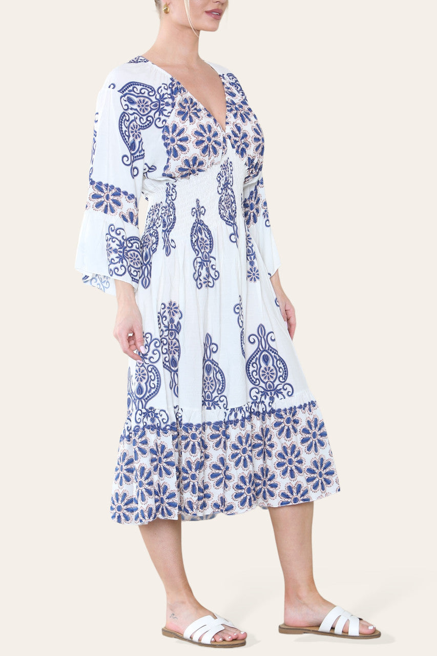 MIDI JURK MET PAISLEYPRINT EN ELASTISCHE TAILLE NAVY