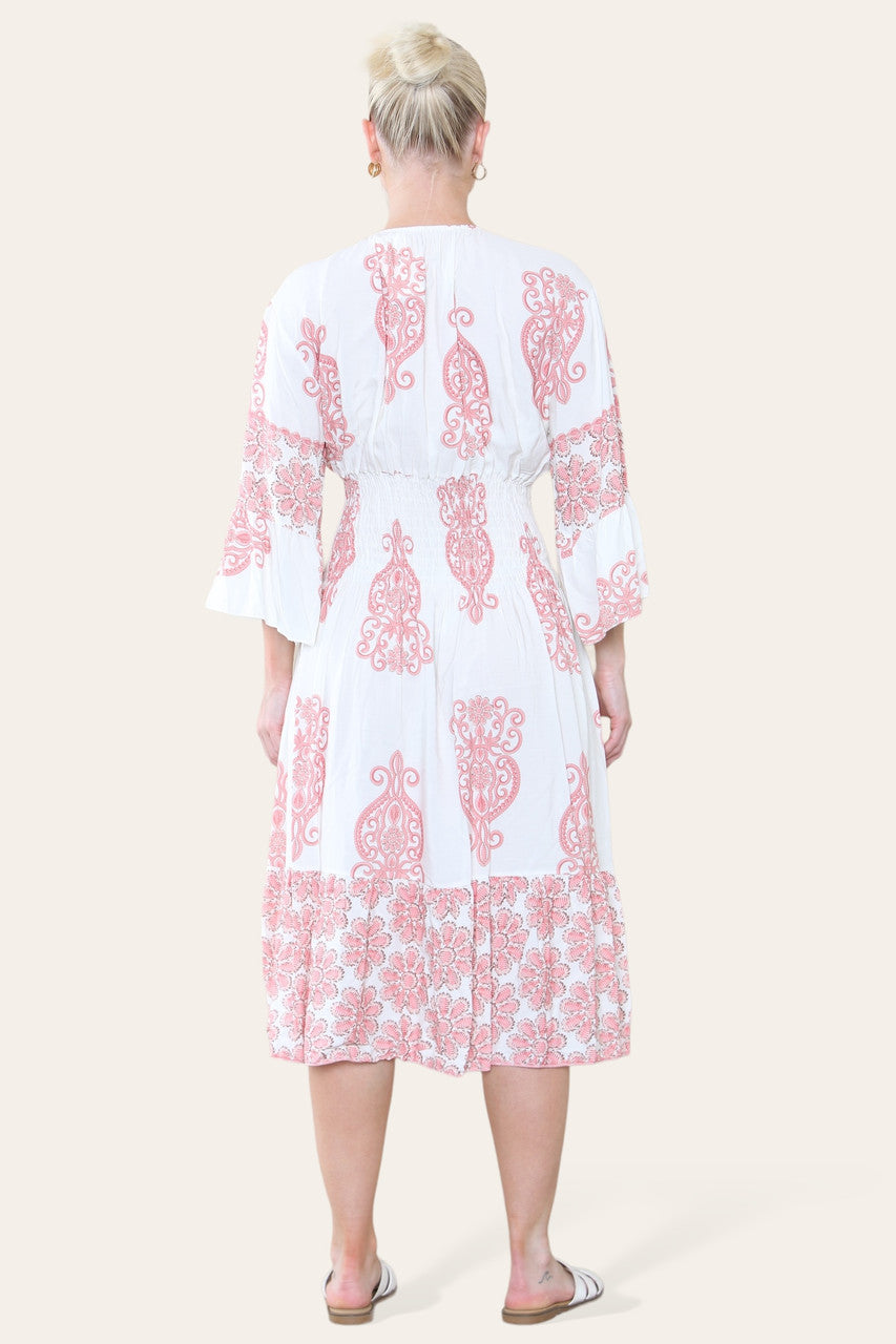 ELASTICATED WAIST PAISLEY PRINT MIDI DRESS PINK