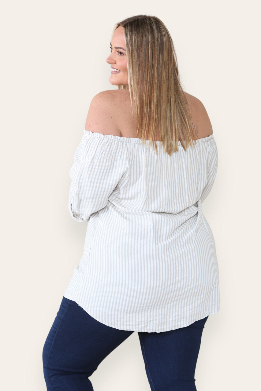 GESTREEPT BARDOT TOP MET STRIKSLUITING STEENKLEURIG