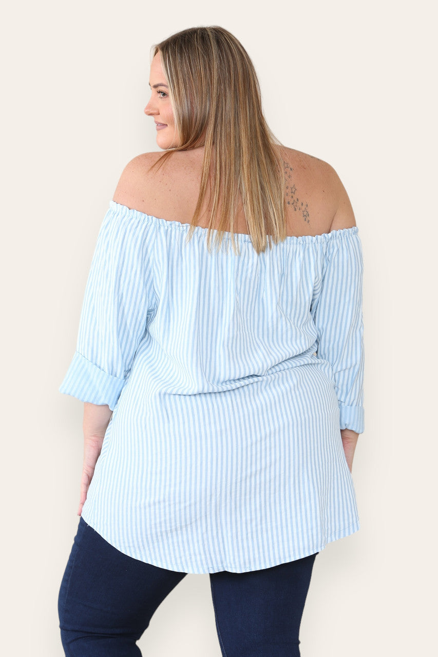 STRIPE TIE FRONT BARDOT TOP LIGHT BLUE