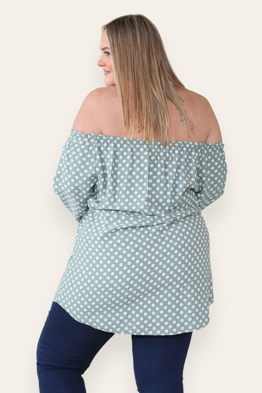 POLKA DOT BUTTON FRONT BARDOT TOP KHAKI