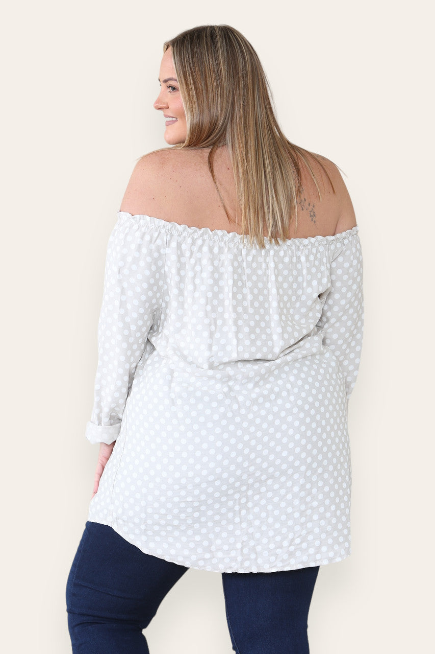 POLKA DOT BUTTON FRONT BARDOT TOP STONE