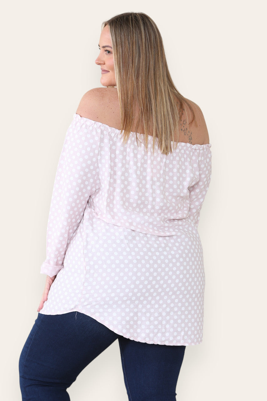 POLKA DOT BUTTON FRONT BARDOT TOP DUSTY PINK