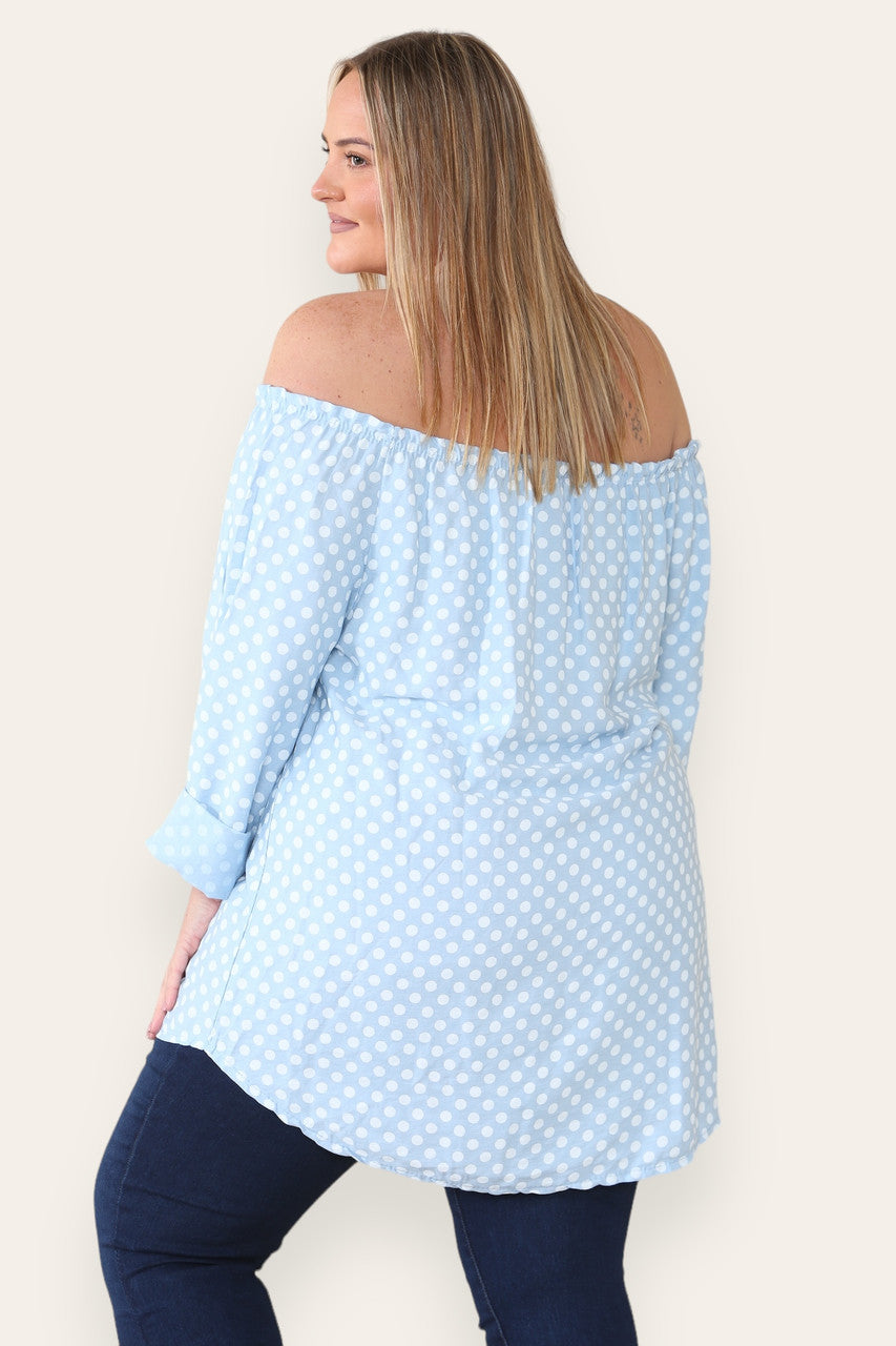 POLKA DOT BUTTON FRONT BARDOT TOP LIGHT BLUE