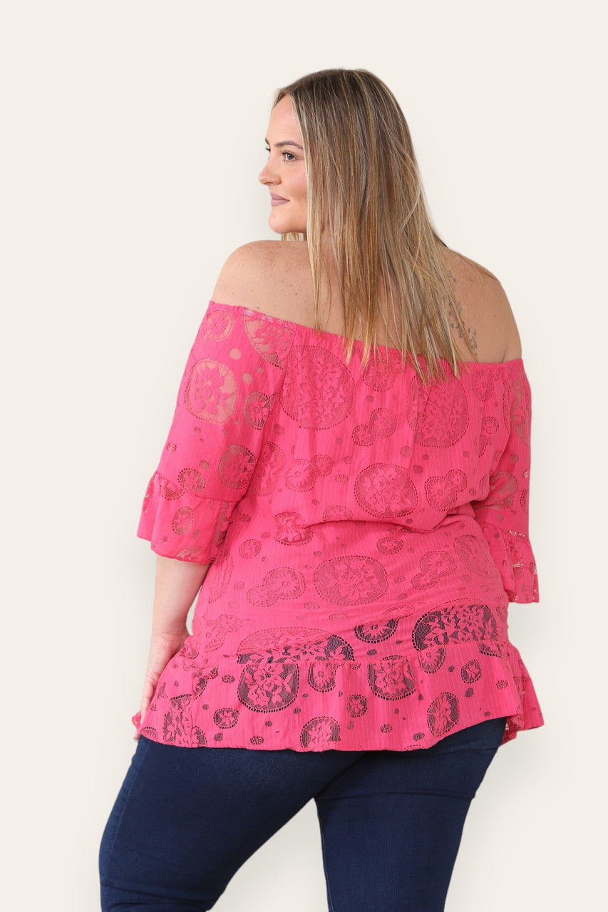LACE FLORAL PATTERN BARDOT TOP CERISE
