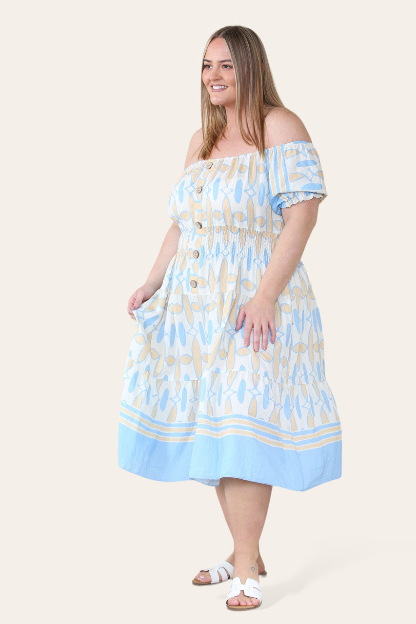 ART DECO PRINT MIDI MAGIC JURK LICHTBLAUW