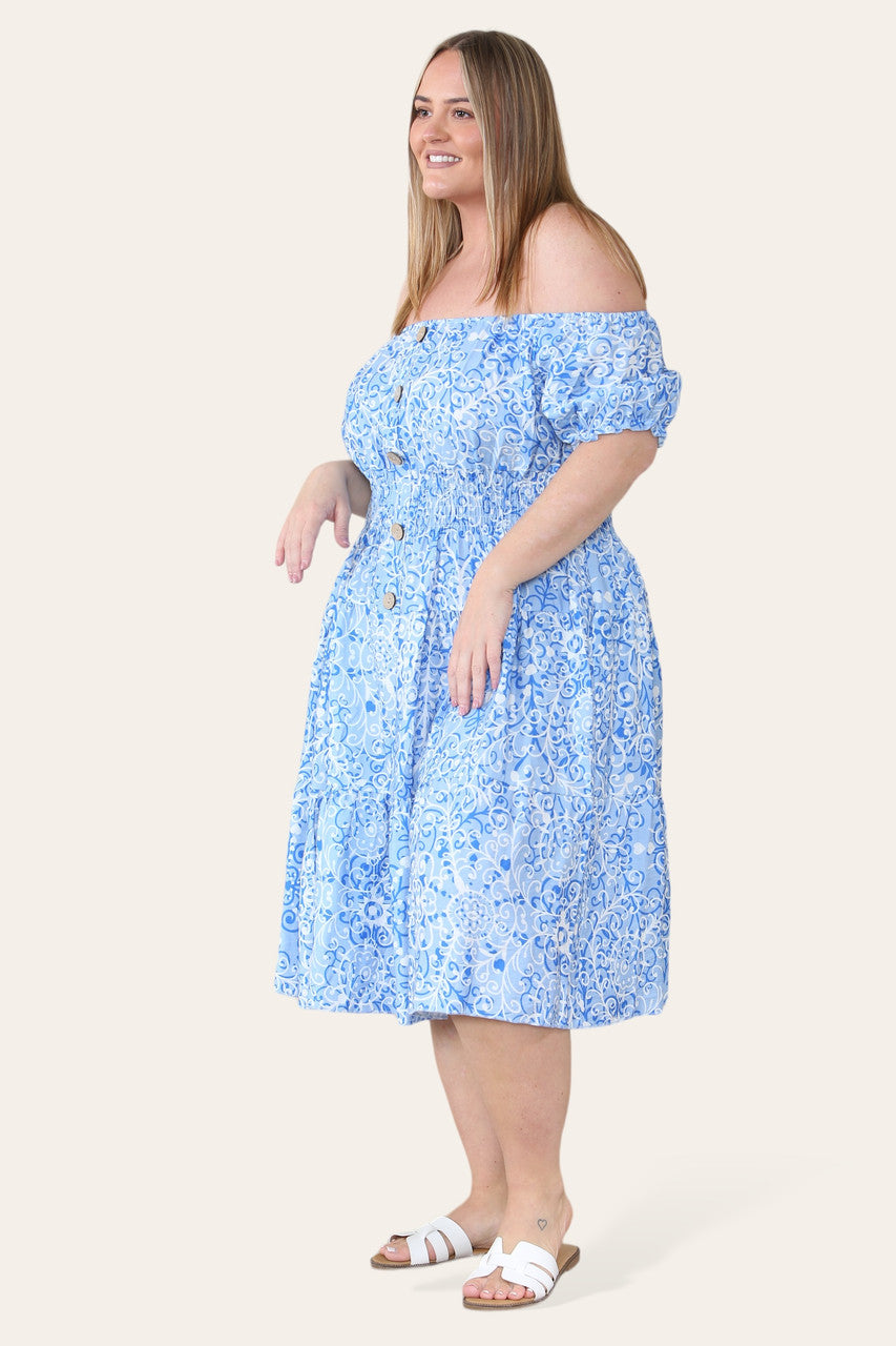 SWIRL PRINT MIDI DRESS LIGHT BLUE