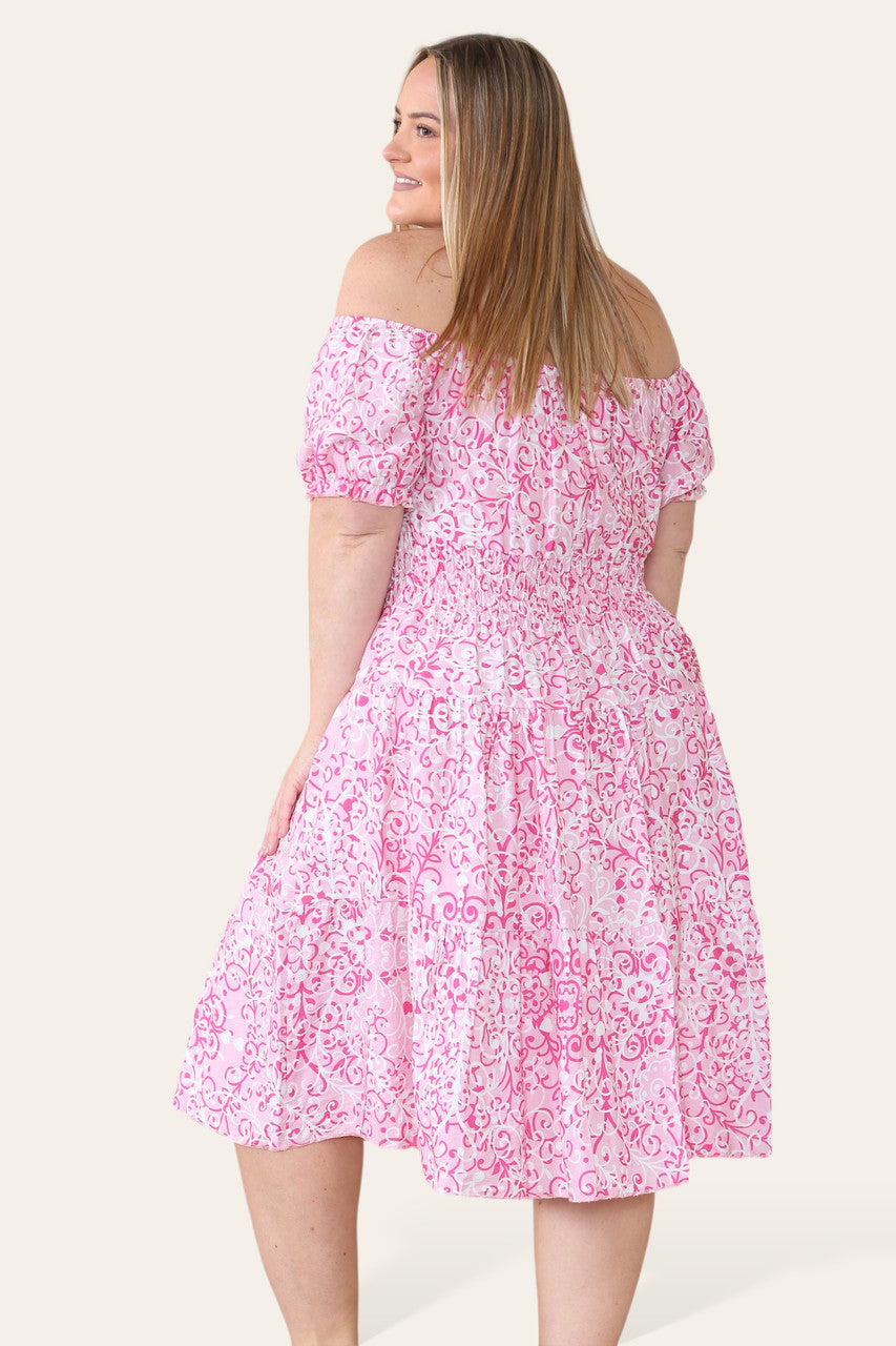 SWIRL PRINT MIDI JURK ROZE